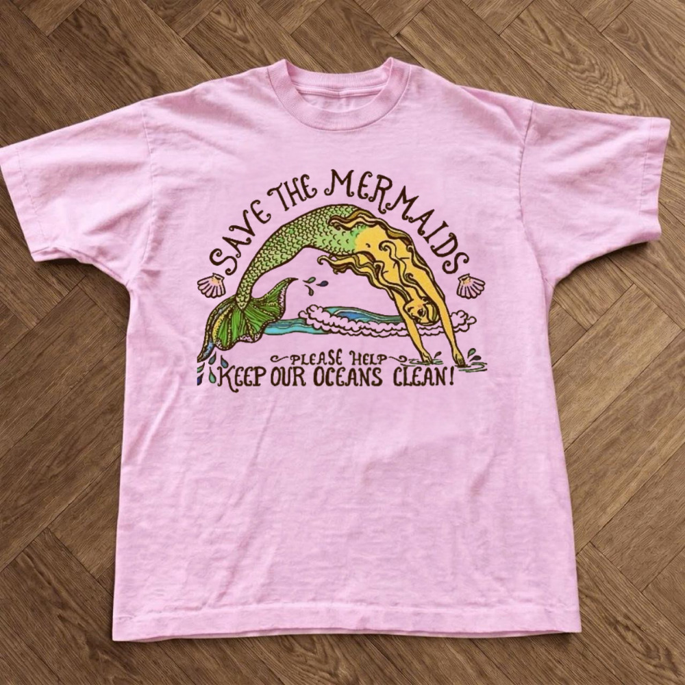 Save The Mermaids Keep Our Oceans Clean Eco Environmental Pink T-Shirt